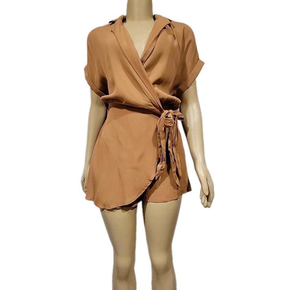 CALISTA Women's Size S Mocha Knot Top Romper Wrap Side Zip Short Sleeve #CB9